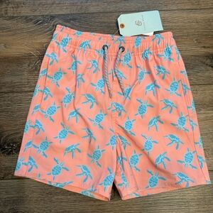Class Club Coral Swim Shorts with Blue Turtle Motif, NWT
